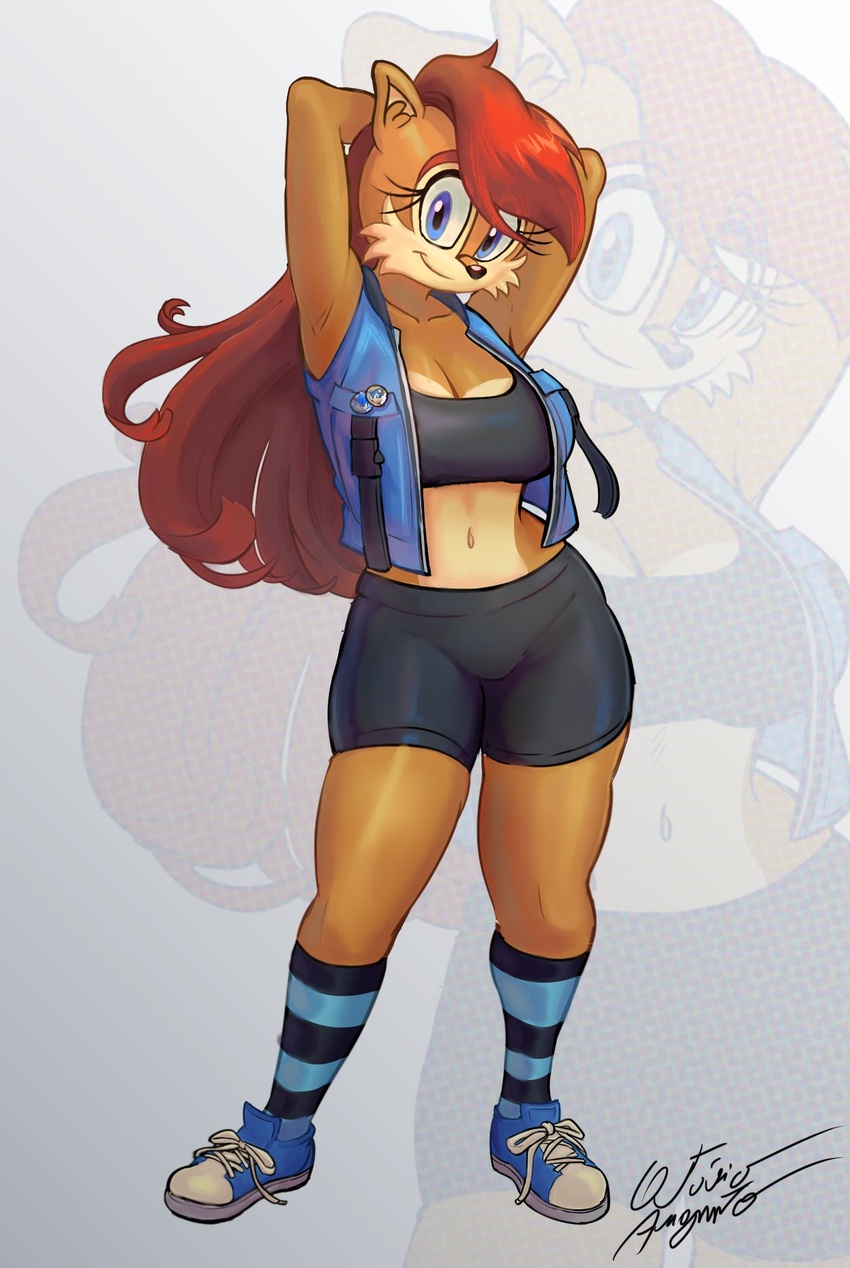 anthro archie_comics azul35art blue_eyes breasts cleavage clothed clothing crop_top female footwear ground_squirrel hair hands_behind_head hi_res legwear long_hair mammal multicolored_body pattern_clothing pattern_legwear pin_(disambiguation) rodent sally_acorn sciurid sega shirt shoes smile sneakers solo sonic_the_hedgehog_(archie) sonic_the_hedgehog_(comics) sonic_the_hedgehog_(series) striped_clothing striped_legwear stripes topwear two_tone_body vest