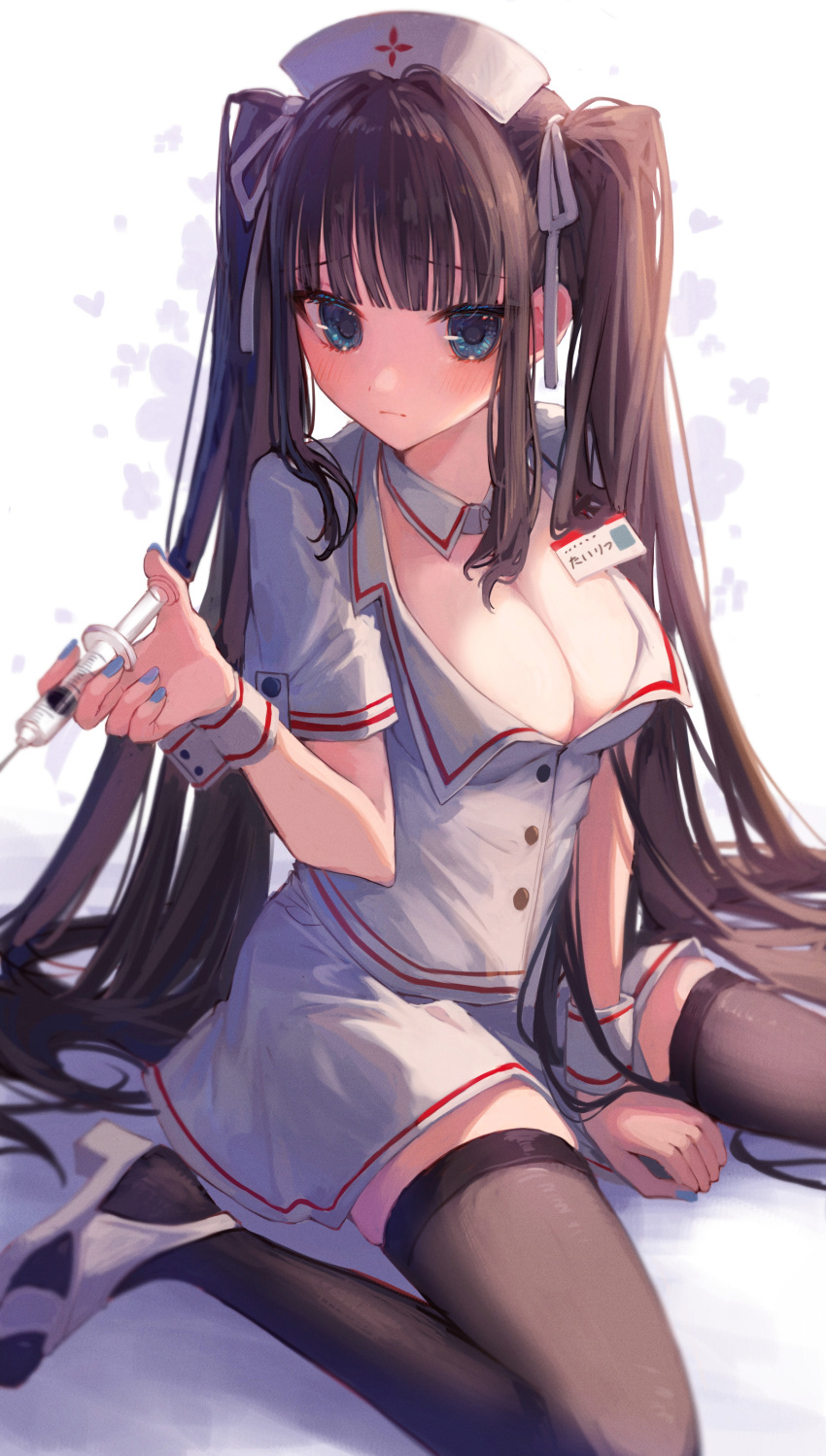 absurdres arcaea between_legs black_thighhighs blue_nails breasts brown_hair cleavage commentary_request detached_collar female hair_ribbon hand_between_legs hat highres holding holding_syringe looking_at_viewer name_tag nurse nurse_cap pia_nano ribbon sitting solo syringe tairitsu_(arcaea) thighhighs twintails wariza white_footwear white_hat white_ribbon wrist_cuffs