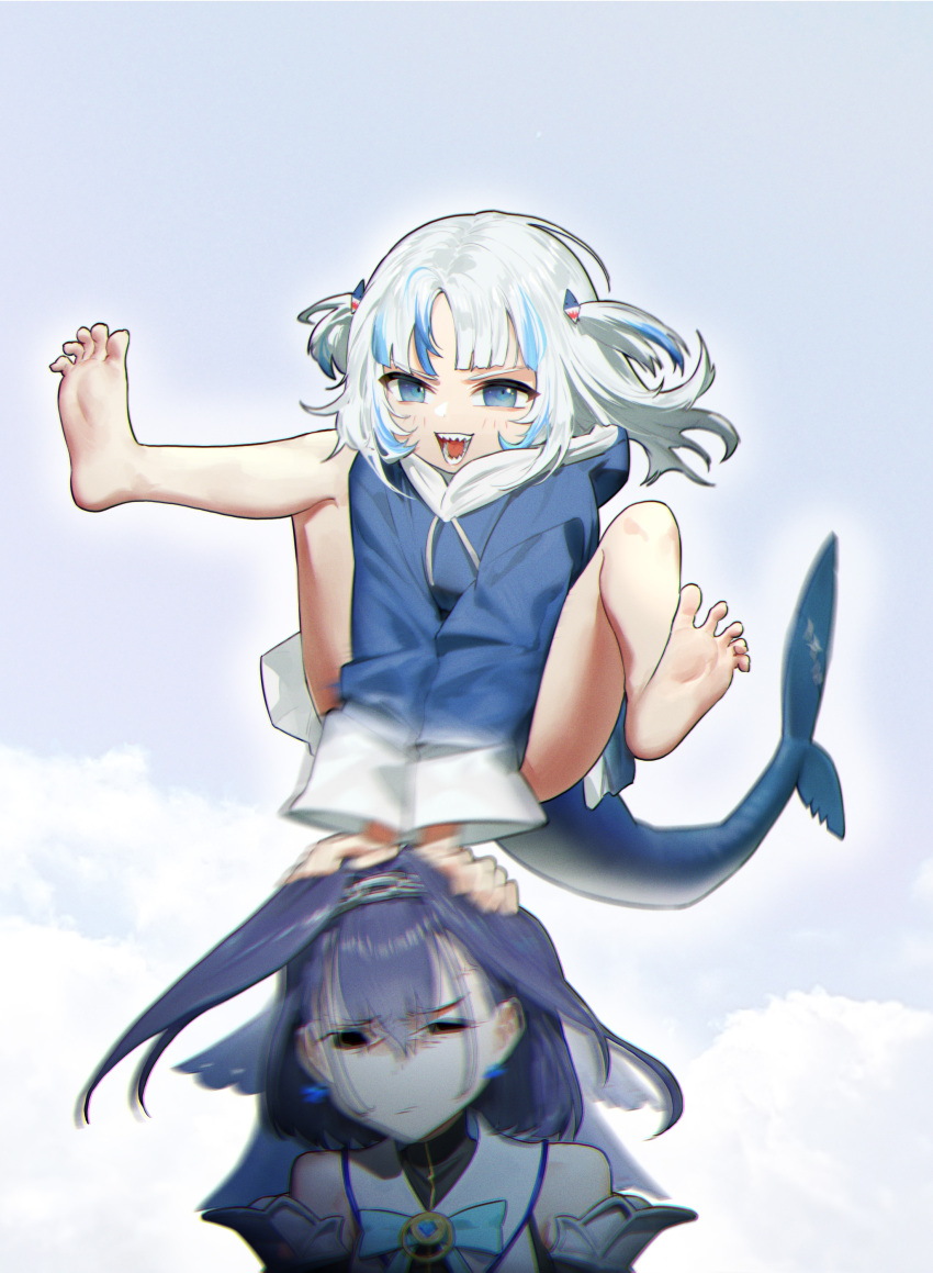 2girls absurdres animal_costume animal_hood bare_shoulders barefoot blue_eyes blue_hair blue_hoodie blunt_bangs bow bow_earrings chain_headband chains cloud cloud_background detached_sleeves earrings feet fins fish_tail gawr_gura gawr_gura_(1st_costume) ghdwid hair_intakes hair_ornament highres hololive hololive_english hood hoodie jewelry leap_frog long_sleeves medium_hair multicolored_hair multiple_girls open_mouth ouro_kronii ouro_kronii_(1st_costume) ribbon_earrings shark_costume shark_girl shark_hair_ornament shark_hood shark_print shark_tail sharp_teeth sleeveless soles spread_toes streaked_hair tail teeth toes veil virtual_youtuber white_hair wide_sleeves