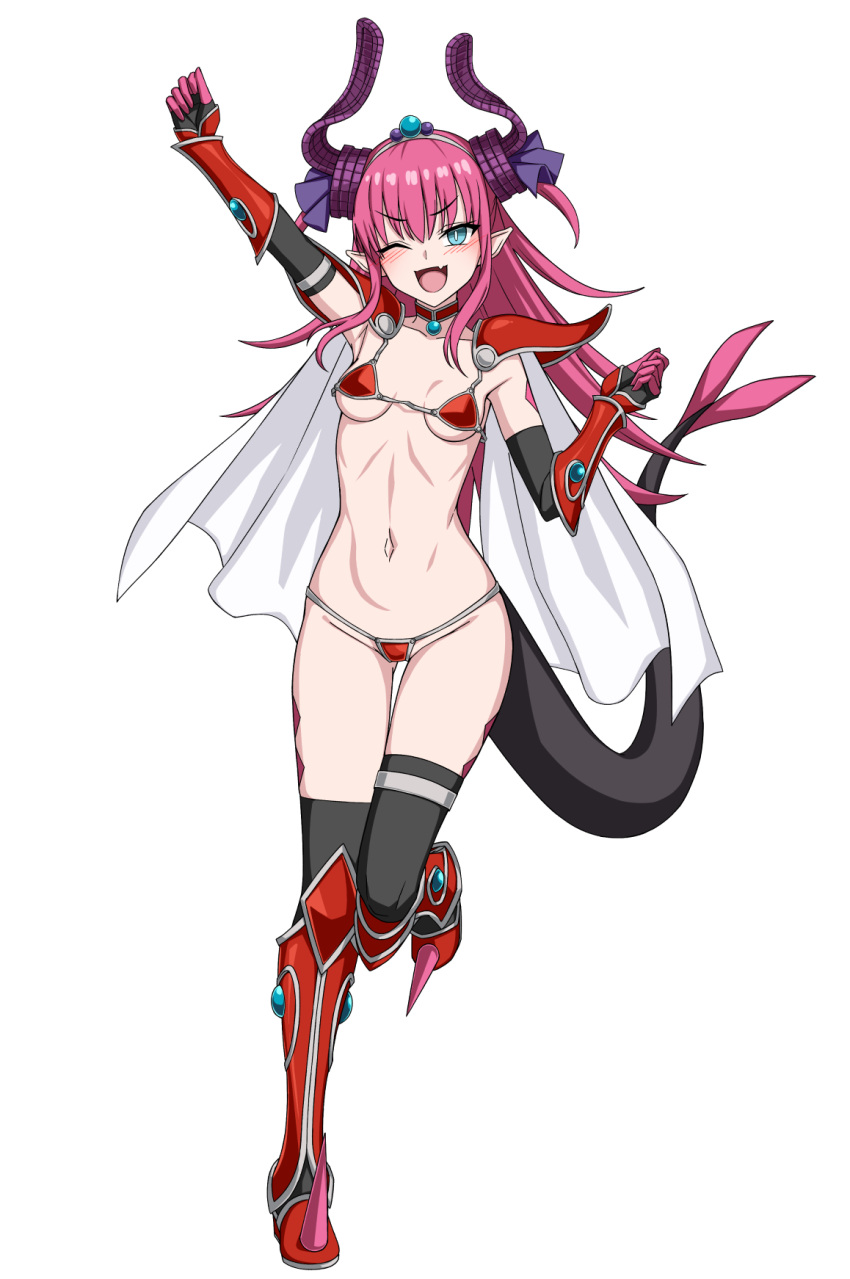 armor armored_boots bikini_armor black_gloves black_thighhighs blue_eyes blush boots breasts cape commentary_request curled_horns detached_collar dragon_horns dragon_tail elbow_gloves elizabeth_bathory_(brave)_(fate) elizabeth_bathory_(fate) fate/grand_order fate_(series) female full_body gauntlets gloves hairband highres horns long_hair looking_at_viewer muta_poo navel one_eye_closed open_mouth pauldrons pink_hair pointy_ears red_armor shoulder_armor small_breasts smile solo tail thighhighs white_cape