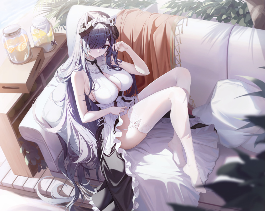 absurdres apron august_von_parseval_(azur_lane) august_von_parseval_(the_conquered_unhulde)_(azur_lane) azur_lane black_hair black_skirt blue_eyes breasts cleavage cleavage_cutout closed_mouth clothing_cutout commentary couch female g_home garter_straps hair_over_one_eye highres lace-trimmed_thighhighs large_breasts long_hair looking_at_viewer maid maid_apron maid_headdress on_couch pillow sitting skirt solo thighhighs very_long_hair white_garter_straps white_thighhighs