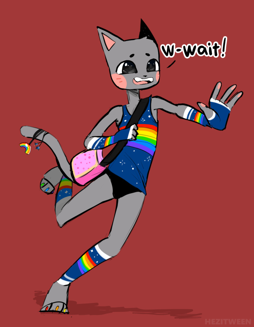 accessory anthro black_clothing blush clothing dialogue domestic_cat english_text felid feline felis femboy furgonomics gloves grey_body handwear hezitween hi_res male mammal meme nyan_cat open_mouth red_background simple_background solo tail tail_accessory text