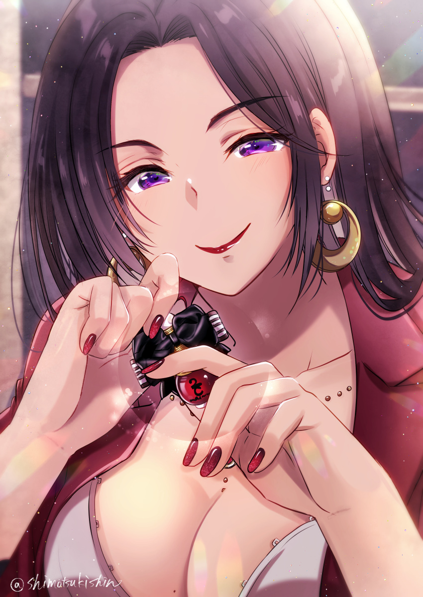 absurdres artist_name breasts brown_hair cattleya_baudelaire cleavage day earrings female hands_up highres jewelry large_breasts lipstick long_hair looking_at_viewer makeup nail_polish_bottle purple_eyes red_nails shimotsukishin smile solo upper_body violet_evergarden_(series)