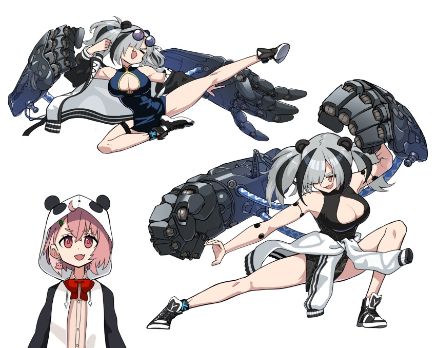 2girls ahoge animal_ears animal_hood arknights breasts china_dress chinese_clothes cleavage_cutout clothes_around_waist clothing_cutout dress evolvingmonkey eyewear_on_head feater_(arknights) fighting_stance flying_kick grey_hair highres hood jacket jacket_around_waist kicking large_breasts mechanical_arms multicolored_hair multiple_girls nijisanji oerba_yun_fang panda_hood pink_hair sasaki_saku sasaki_saku_(1st_costume) streaked_hair sunglasses twintails virtual_youtuber white_background