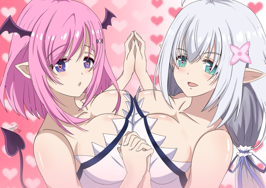 2bls 2girls absurdres asymmetrical_docking breast_press breasts elf ginny_fin_de_salvan highres ireena_litz_de_olhyde large_breasts long_hair multiple_girls pointy_ears purple_eyes shijou_saikyou_no_daimaou_murabito_a_ni_tensei_suru short_hair symmetrical_docking