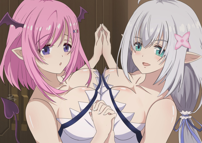 2bls 2girls absurdres asymmetrical_docking breast_press breasts elf ginny_fin_de_salvan highres ireena_litz_de_olhyde large_breasts long_hair multiple_girls pointy_ears purple_eyes shijou_saikyou_no_daimaou_murabito_a_ni_tensei_suru short_hair symmetrical_docking