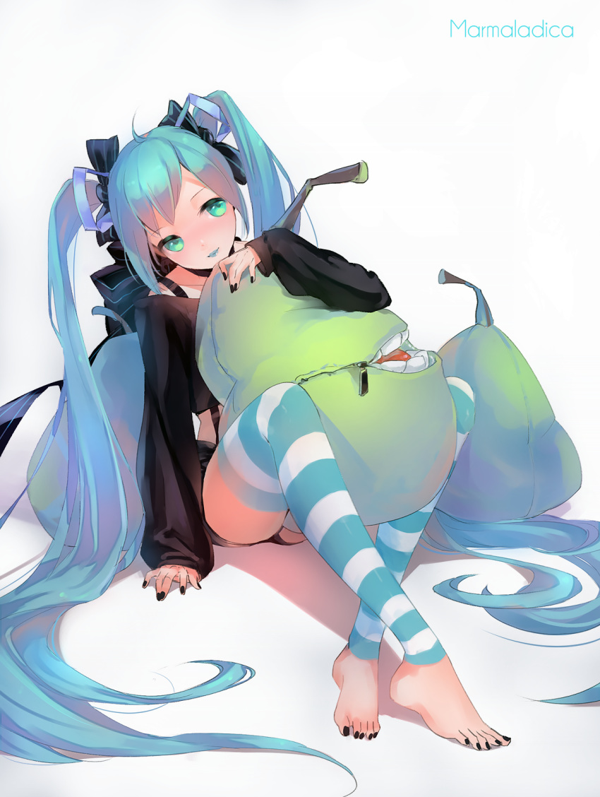 aqua_eyes aqua_hair aqua_lips arm_support artist_name barefoot biting_pear_of_salamanca black_choker black_nails black_sweater blue_leggings blue_ribbon bow choker closed_mouth commentary crop_top cropped_sweater crossed_ankles english_commentary feet female fingernails full_body hair_ribbon hairbow hatsune_miku head_tilt highres leggings lipstick long_hair long_sleeves looking_at_viewer makeup marmaladica nail_polish ribbon shorts sitting solo striped striped_bow striped_leggings stuffed_toy suspender_shorts suspenders suspenders_under_shirt sweater toenail_polish toenails toes twintails very_long_hair vocaloid