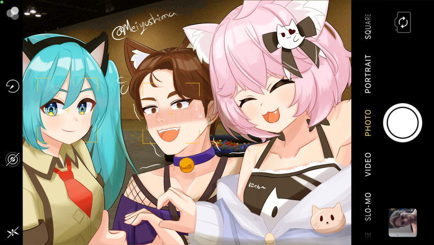 1boy 2girls :3 :d @_@ absurdres animal_ear_fluff animal_ears ball_pit bell black_bow blue_eyes blue_hair blush bow breasts brown_eyes brown_hair brown_shirt cat_boy cat_ears catboy_jerma choker closed_eyes collarbone collared_shirt commentary crossover dashcon english_commentary english_text fake_animal_ears fake_phone_screenshot fake_screenshot fishnet_top fishnets hairbow hatsune_miku heart_hands_failure highres jerma985 jerma985_(person) jingle_bell long_hair looking_at_viewer meiyoshima meme multiple_crossover multiple_girls neck_bell necktie nose_blush nyan_ko_(module) nyatasha_nyanners nyatasha_nyanners_(1st_costume) oerba_yun_fang off-shoulder_shirt off_shoulder open_mouth photo_background pink_hair purple_choker purple_shirt red_necktie shirt short_hair short_necktie signature single_hair_intake small_breasts smile sweat trembling tumblr twintails upper_body viewfinder virtual_youtuber vocaloid vshojo