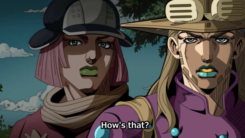 1boy araki_hirohiko_(style) blue_eyes blue_lips bob_cut brown_hair clenched_teeth closed_mouth cowboy_hat day fake_screenshot female forest frown goggles goggles_on_headwear gold_teeth grandguerrilla green_eyes green_lips gyro_zeppeli hat hot_pants_(sbr) jojo_no_kimyou_na_bouken lipstick long_hair looking_at_viewer makeup medium_hair nature official_style outdoors parted_lips pink_hair purple_shirt sanpaku shirt steel_ball_run subtitled teeth tree twitter_username