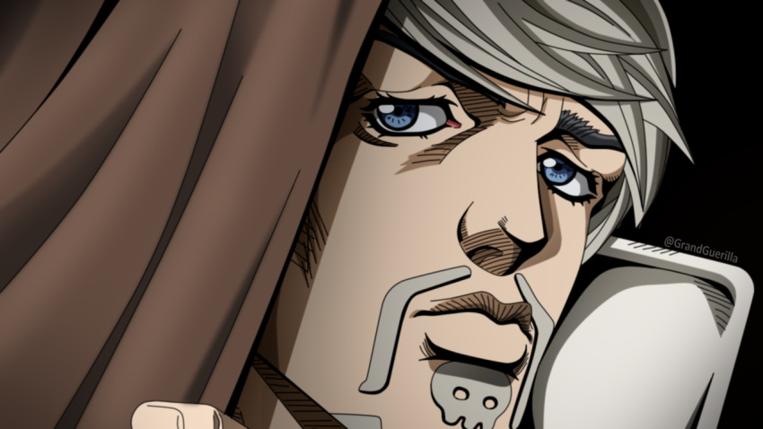 1boy araki_hirohiko_(style) black_background blue_eyes close-up closed_mouth curtains derivative_work facial_hair fake_screenshot frown goatee grandguerrilla grey_hair jojo_no_kimyou_na_bouken looking_at_viewer male_focus manga_panel_redraw official_style ringo_roadagain solo steel_ball_run twitter_username