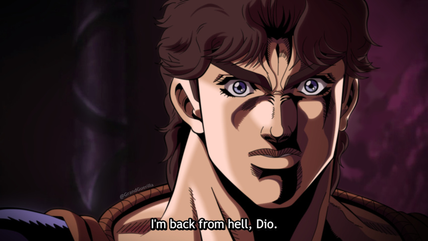 1boy araki_hirohiko_(style) brown_hair derivative_work fake_screenshot grandguerrilla jojo_no_kimyou_na_bouken jonathan_joestar looking_at_viewer male_focus manga_panel_redraw official_style parted_lips phantom_blood purple_eyes solo subtitled twitter_username wide-eyed