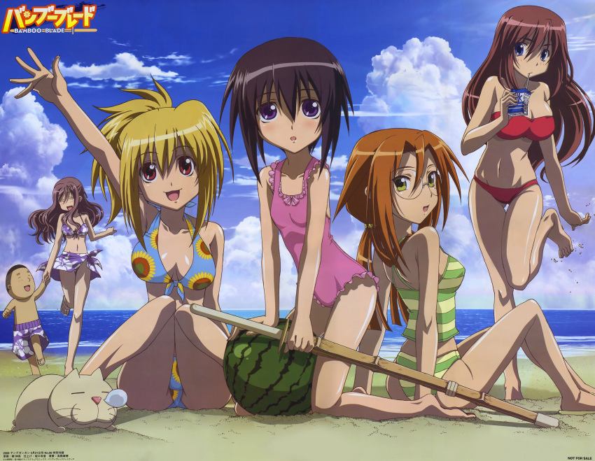 5girls =_= absurdres arm_up azuma_satori bamboo_blade bandeau barefoot beach bikini black_hair blonde_hair blue_eyes blush breasts chiba_kirino cleavage closed_eyes cloud day drinking drinking_straw eiga_danjuurou everyone feet feline flat_chest floral_print flower food frilled_swimsuit frills front-tie_top fruit glasses green_eyes grey_hair happy highres holding_hands juice_box kawazoe_tamaki kneeling kuwahara_sayako leg_lift long_hair looking_back medium_breasts miyazaki_miyako multiple_girls one-piece_swimsuit open_mouth orange_hair outdoors ponytail print_sarong purple_eyes purple_sarong red_eyes red_hair running sarong shinai short_hair sitting sky sleeping small_breasts strapless sunflower_print swimsuit sword tankini thigh_gap tubetop twintails wading water watermelon waving weapon yanagi_shinsuke