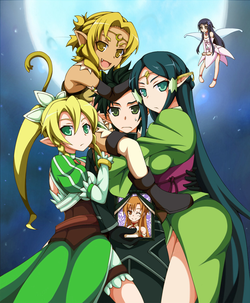 1boy 4girls alicia_rue alternate_ears asuna_(sao) black_hair blonde_hair braid breasts cat_girl cat_tail commentary_request dark-skinned_female dark_green_hair dark_skin dress ear_covers elf fairy fairy_wings flying full_moon gacchi_(supergatchi) girl_sandwich green_dress green_eyes green_hair hair_between_eyes highres hug iei kirito kirito_(sao-alo) leafa long_hair medium_breasts mini_person minigirl moon multiple_girls night night_sky oerba_yun_fang pointy_ears sakuya_(sao) sandwiched short_eyebrows sky sword_art_online tail thick_eyebrows thighs twin_braids very_long_hair white_wings wings yellow_eyes yellow_tail yui_(sao) yui_(sao-alo)