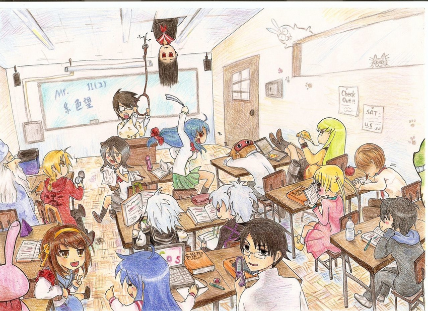 6+boys 6+girls ahoge apple arm_up armband bangs beard black_hair black_jacket black_legwear black_shirt blazer bleach blonde_hair blue_hair blue_skirt blush book bottle bow braid breasts brown_eyes brown_hair brown_shoes c.c. chair chalkboard chidori_kaname chin_rest classroom closed_eyes coat code_geass crossover darker_than_black death_note desk door dress eating edward_elric enma_ai food fruit full_metal_panic fullmetal_alchemist gintama glasses gloves green_hair green_skirt grey_skirt grin hair_between_eyes hairband hat holding hood itoshiki_nozomu izumi_konata jacket japanese_clothes jigoku_shoujo kill_me_baby kuchiki_rukia legs_crossed long_hair long_sleeves looking_at_another looking_at_viewer looking_back lucky_star merlin miniskirt multiple_boys multiple_girls notebook okita_sougo open_book open_mouth pen pink_dress pizza pleated_skirt ponytail profile purple_hair reading red_bow red_eyes rope sailor_collar sayonara_zetsubou_sensei school_uniform serafuku shiny shiny_hair shirt shoes short_hair short_sleeves silver_hair single_braid sitting skirt sleeping smile socks sonya_(kill_me_baby) suzumiya_haruhi suzumiya_haruhi_no_yuuutsu table tatsuma_hiyuu teeth tokyo_majin_gakuen_kenpucho tonari_no_totoro totoro twintails watanuki_kimihiro white_hair white_jacket white_shirt white_shoes wide_sleeves wizard writing xxxholic yagami_light yellow_shoes yin