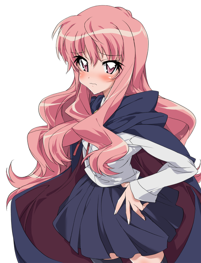 blush cape female female hand_on_hip highres hips kasuga_souichi long_hair louise_francoise_le_blanc_de_la_valliere midori_kouichi pink_eyes pink_hair school_uniform simple_background skirt solo standing white_background zero_no_tsukaima