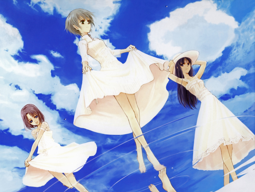 3girls angel_type barefoot blue_sky cloud day dress hat highres multiple_girls reflection reflective_water ripples skirt_hold sky sun_hat walking water white_dress yatsuki_jun'ichirou