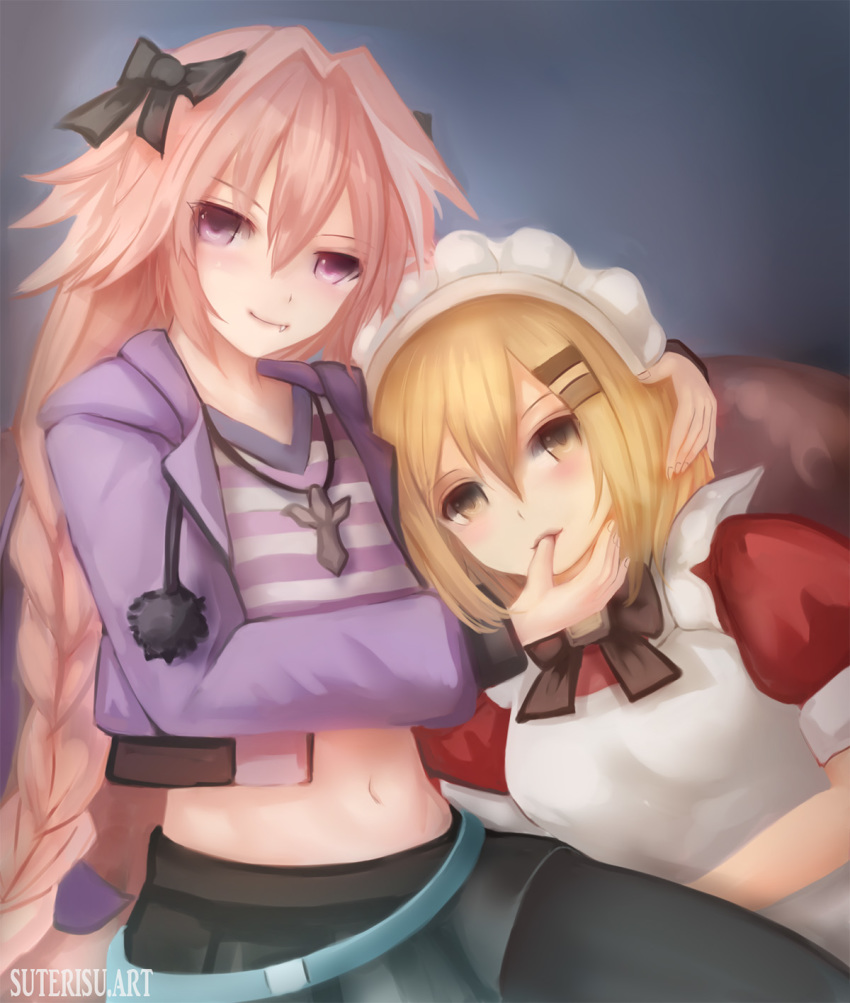 1boy apron astolfo_(fate) astolfo_(memories_at_trifas)_(fate) belt blonde_hair blue_background blush bow bowtie braid crop_top crossdressing crossover fate/apocrypha fate/grand_order fate_(series) female financier finger_in_another's_mouth finger_sucking hair_ornament hair_ribbon hairpin hand_on_another's_head highres jewelry long_hair maid maid_apron maid_headdress midriff navel necklace neptune_(series) oerba_yun_fang official_alternate_costume otoko_no_ko pantyhose photoshop_(medium) pillow purple_eyes ribbon shirt short_hair simple_background skirt straight striped_clothes striped_shirt suterisu very_long_hair vest yellow_eyes