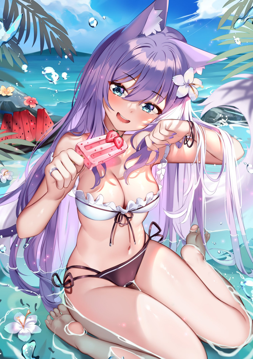 :d animal_ear_fluff animal_ears barefoot beach bikini black_bikini blue_eyes bracelet breasts cleavage cloud day feet female flower food fox_ears fox_girl fox_tail frilled_bikini frills fruit full_body hair_between_eyes hair_flower hair_ornament highres indie_virtual_youtuber jewelry kaioura light_purple_hair lily_(flower) long_hair looking_at_viewer medium_breasts mismatched_bikini navel open_mouth outdoors partially_submerged popsicle purple_nails ring second-party_source sitting smile solo squchan strawberry swept_bangs swimsuit tail tail_raised toes tropical very_long_hair virtual_youtuber wariza water watermelon wet white_bikini