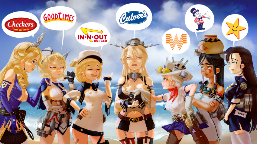 6+girls arizona_(azur_lane) azur_lane beach blake's_lotaburger blonde_hair breasts california_(azur_lane) carl's_jr. checkers_and_rally's closed_eyes colorado_(kancolle) contrapposto country_connection crossover culver's detached_sleeves earrings garter_straps good_times_burgers_&_frozen_custard hair_between_eyes hat highres in-n-out_burger iowa_(kancolle) jewelry joint_(drug) kantai_collection large_breasts long_hair md5_mismatch medium_breasts multiple_girls navel new_jersey_(pacific) no_legwear original pacific_(kancolle) personification revision rigging short_hair smile speech_bubble thighhighs thighs toorops trogdor_the_burninator uss_new_mexico_(bb-40) uss_texas_(bb-35) whataburger