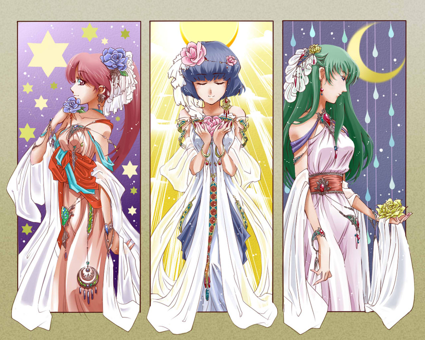 3girls blue_flower blue_hair blue_rose closed_eyes crescent_moon dress fire_emblem fire_emblem_gaiden flower genny_(fire_emblem) green_hair hexagram long_hair moon multiple_girls ponytail red_dress red_hair rose short_hair silque_(fire_emblem) smile tatiana_(fire_emblem) towa_(towa_no_jiyuuchou) very_long_hair white_dress wristband yellow_flower yellow_rose