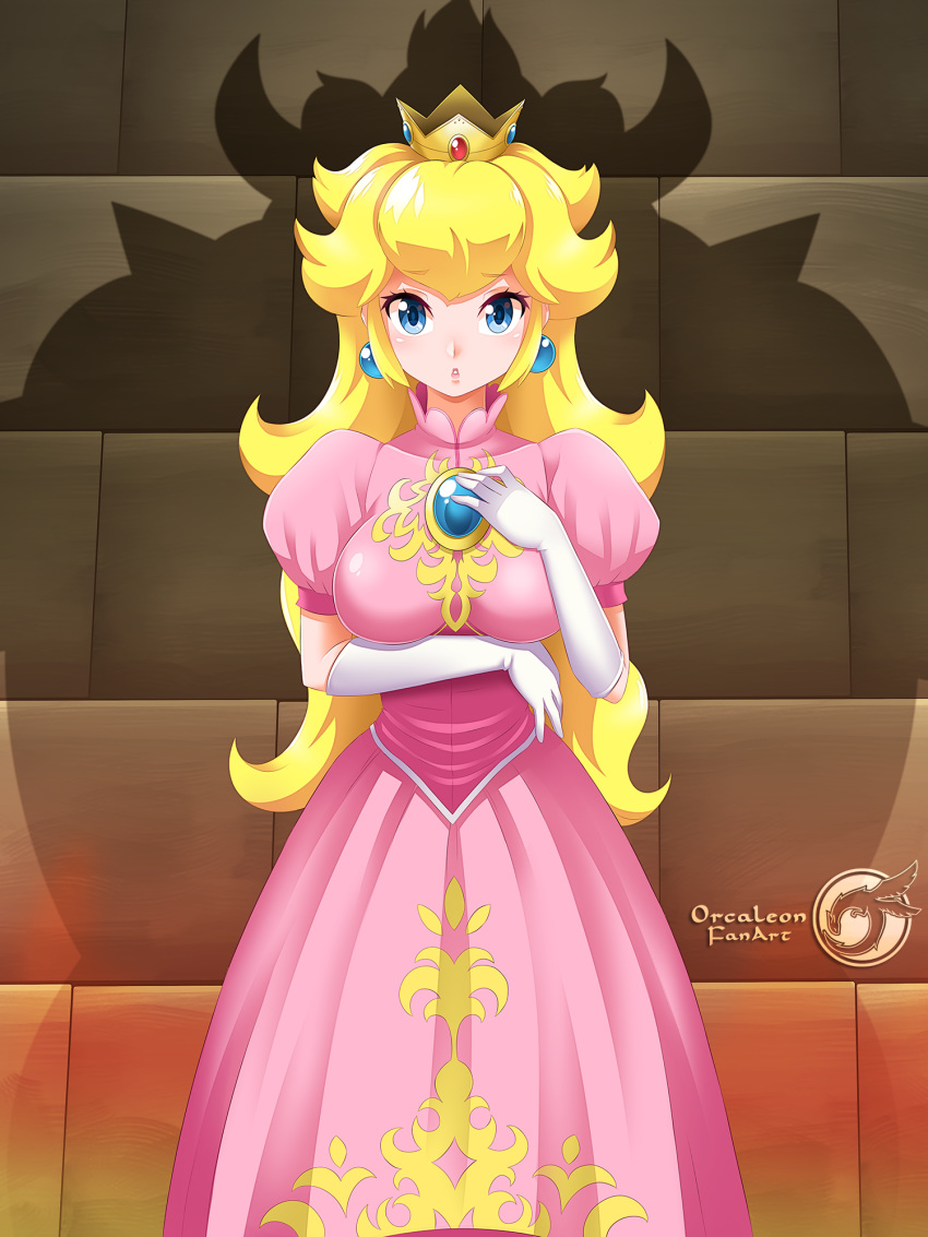 blonde_hair blue_eyes blush bowser breasts crown dress earrings female gem gloves highres jewelry light_blush lips long_dress long_hair mario_(series) medium_breasts orcaleon ornament pink_dress princess_peach puffy_sleeves shadow sphere_earrings teeth watermark white_gloves