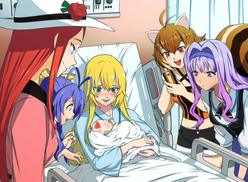 5girls absurdres animal_ears antenna_hair baby bed blanket blazblue blonde_hair blue_eyes blue_hair blue_headband brown_eyes brown_hair cellphone commentary commission derivative_work english_commentary eudetenis flower genderswap_(mtf) green_eyes hairband hat hat_flower headband highres hospital_bed if_they_mated ips_cells jin_kisaragi kajun_faycott long_hair mai_natsume makoto_nanaya midriff mother_and_daughter multiple_girls open_mouth phone purple_eyes purple_hair red_hair rose rule_63 short_hair signature smartphone smile squirrel_ears squirrel_girl squirrel_tail tail tears tsubaki_yayoi vest white_headwear yuri