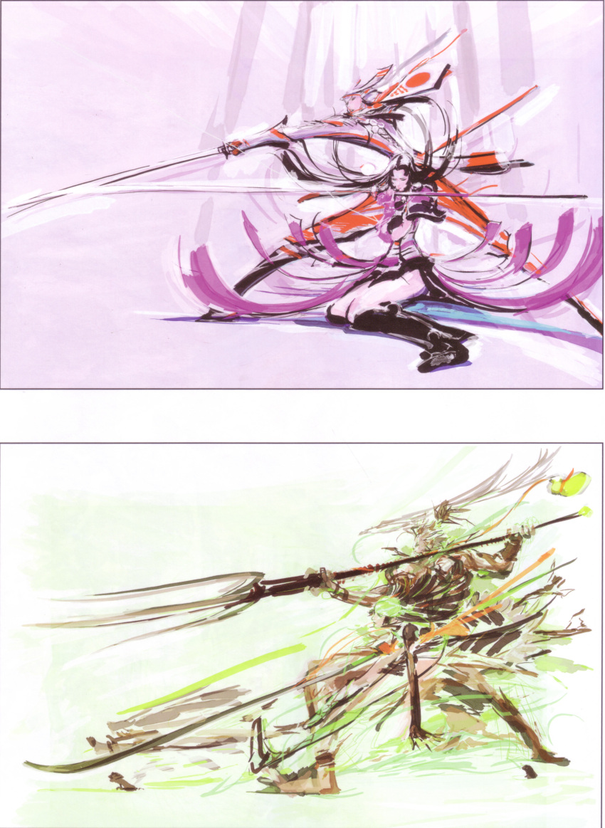 2boys 2girls absurdres armor azai_nagamasa_(sengoku_basara) highres maeda_toshiie_(sengoku_basara) matsu_(sengoku_basara) multiple_boys multiple_girls naginata oichi_(sengoku_basara) photoshop_(medium) polearm samurai sengoku_basara sword tsuchibayashi_makoto weapon