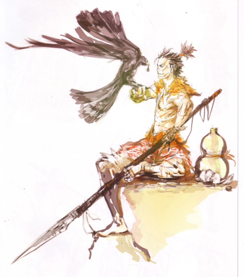 1boy absurdres animal_on_arm armor bird bird_on_arm gourd highres maeda_toshiie_(sengoku_basara) male_focus photoshop_(medium) polearm samurai sengoku_basara solo spear tsuchibayashi_makoto weapon