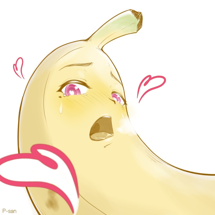 artist_name banana blush breath food food_with_face fruit furrowed_brow heart heart-shaped_pupils highres looking_at_viewer mole mole_under_eye naughty_face no_humans nose_blush open_mouth original p-san_(sansin) pink_eyes signature simple_background sweat symbol-shaped_pupils teeth tongue upper_teeth_only what white_background