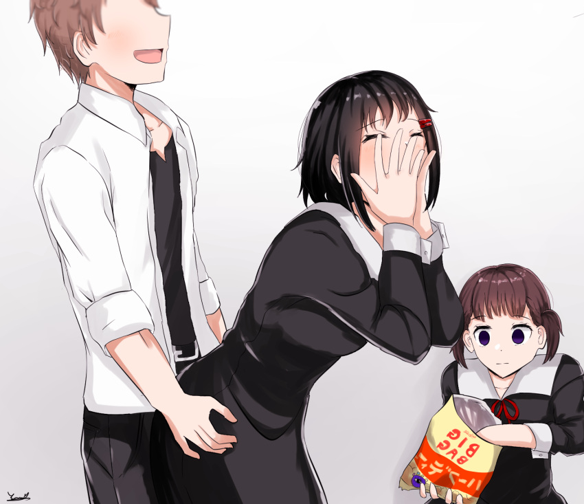 1boy 2girls :| bad_id bad_pixiv_id bag bag_of_chips bent_over black_dress black_hair black_legwear black_undershirt blush bob_cut brown_hair chips_(food) closed_eyes closed_mouth collar collarbone commentary couple covering_face cowboy_shot dress dry_humping eating empty_eyes food gradient_background grinding hair_ornament hairclip hands_on_another's_hips hands_on_own_face highres holding holding_bag holding_food humping kaguya-sama_wa_kokurasetai_~tensai-tachi_no_renai_zunousen~ kashiwagi_nagisa leaning_forward light_blush looking_at_another loose_hair_strand meme multiple_girls neck_ribbon neigaimu no_eyes open_clothes open_mouth open_shirt pants photo-referenced potato_chips potechi_aneki_(meme) purple_eyes raised_eyebrows red_ribbon ribbon sanpaku school_uniform sexually_suggestive shijou_maki shirt short_hair short_twintails shuuchiin_academy_school_uniform signature smile squatting staring straight tanuma_tsubasa translated traumatized twintails voyeurism white_background white_collar white_shirt