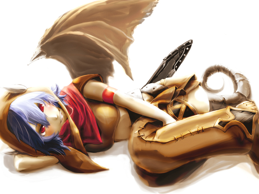 bad_id bad_pixiv_id dragon_girl dragon_horns dragon_tail female final_fantasy final_fantasy_tactics_a2 final_fantasy_tactics_advance gria hood horns lying meth_(emethmeth) midriff monster_girl purple_hair red_eyes scabbard sheath short_hair smile solo tail wings