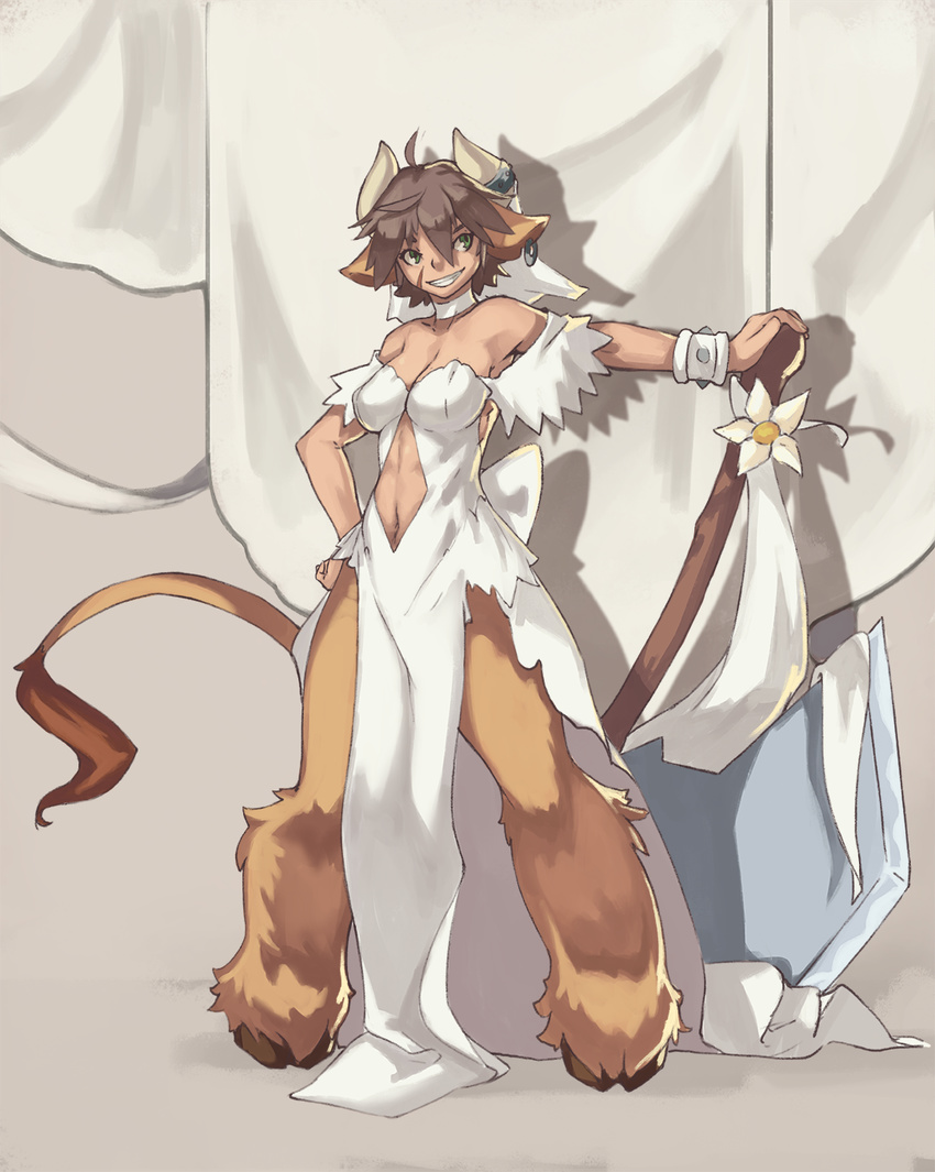 animal_ears bare_shoulders breasts brown_hair choker clothing_cutout commentary commission cow_ears cow_horns cow_tail dress earrings english_commentary female full_body fur green_eyes grin hair_between_eyes hand_on_hilt hand_on_own_hip highres hooves horn_ornament horns huge_weapon jewelry legs_apart looking_to_the_side medium_breasts minotaur_(monster_girl_encyclopedia) monster_girl monster_girl_encyclopedia navel navel_cutout scar scar_on_cheek scar_on_face short_hair short_sleeves smile solo standing tail vins-mousseux weapon wedding_dress white_choker white_dress wristband