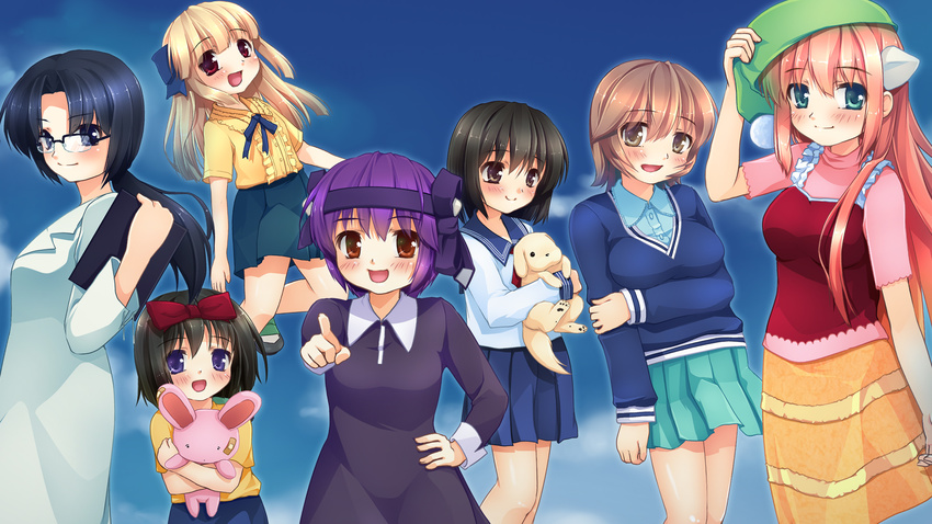 6+girls :d arakawa_(elfen_lied) bad_id bad_pixiv_id bandaid black_hair blonde_hair blue_eyes blush bob_cut bow breasts brown_eyes brown_hair canine cardigan clipboard dress elfen_lied glasses green_eyes hair_ribbon hairbow hand_on_own_hip happy hat highres horns hug hugging_doll hugging_object kanae_(elfen_lied) lab_coat long_hair long_skirt long_sleeves lucy_(elfen_lied) mariko_(elfen_lied) mayu_(elfen_lied) medium_breasts multiple_girls nana_(elfen_lied) open_mouth pink_hair pleated_skirt pointing pointing_at_viewer ponytail purple_eyes purple_hair rabbit red_eyes ribbon school_uniform serafuku short_hair short_sleeves skirt sky smile stuffed_animal stuffed_rabbit stuffed_toy vest wanta yayoi_(pipi) yuka_(elfen_lied)