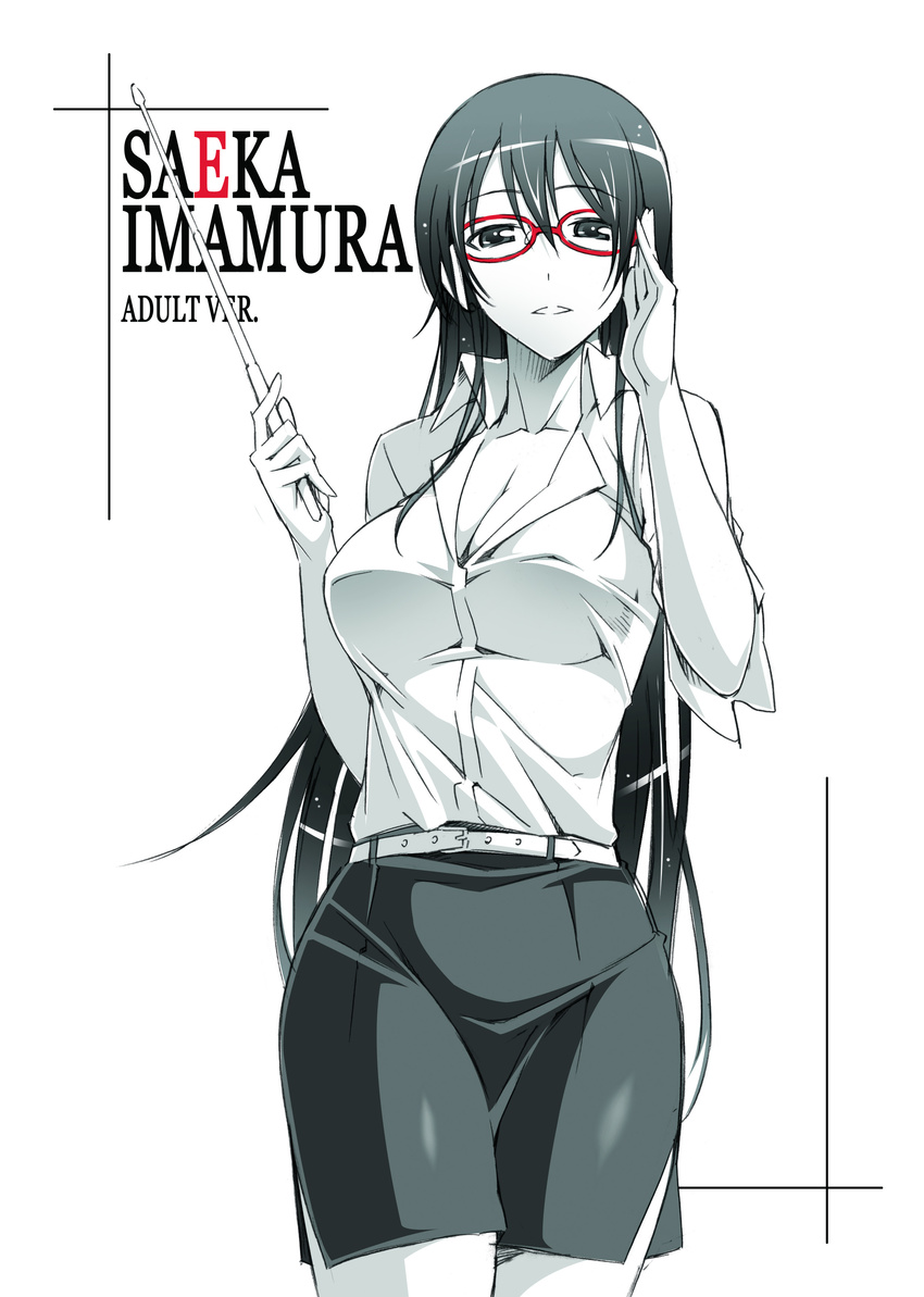 absurdres adjusting_eyewear aged_up belt breasts character_name cleavage commentary_request dress_shirt english_text female gimp_(medium) glasses highres imamura_saeka large_breasts long_hair looking_at_viewer open_mouth original parted_lips pencil_skirt pointer red-framed_eyewear shirt skirt solo spot_color stick suzutsuki_kurara teacher