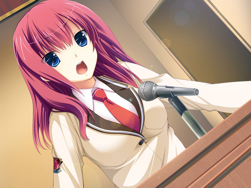 bad_link blue_eyes dutch_angle female formal futsuu_ja_nai!! game_cg highres long_hair looking_at_viewer microphone open_mouth red_hair sakurazaki_kotoko school_uniform solo suit upper_body