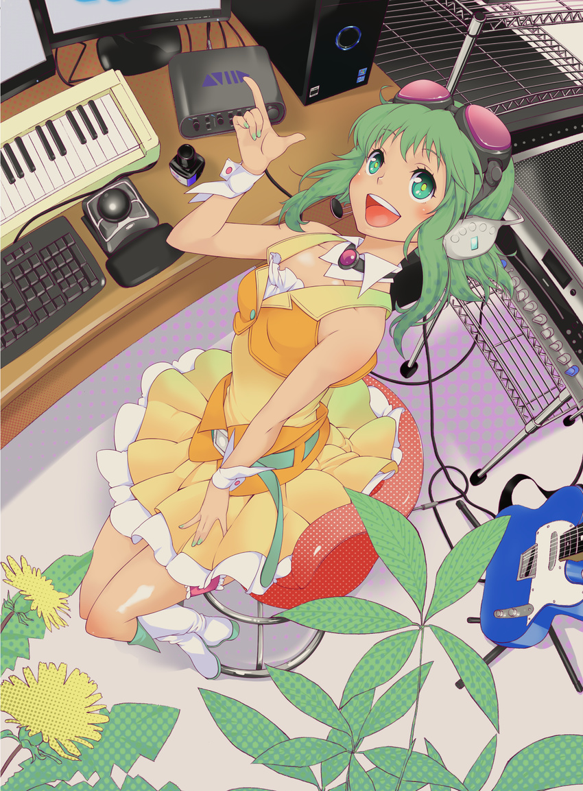 :d anklet bare_shoulders belt blush boots bottle buttons cable collarbone commentary_request computer electric_guitar female fender_telecaster flower from_above gem green_eyes green_hair green_nails guitar gumi headphones headset highres hobby_(kento) index_finger_raised ink_bottle instrument jewelry keyboard_(instrument) leaf looking_at_viewer monitor nail_polish neck_ring open_mouth orange_skirt orange_vest plant purple_gemstone screen short_hair sitting skirt sleeveless smile solo table trackball vest vocaloid white_footwear wrist_cuffs