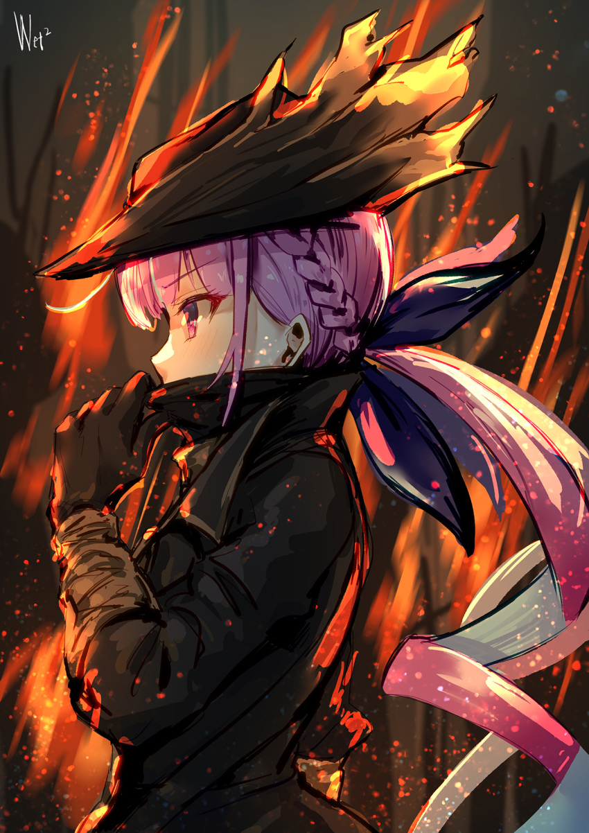 aqua_hair black_coat black_gloves black_hat bloodborne braid coat commentary cosplay covered_mouth d-cao drill_hair english_commentary female fire french_braid from_side gloves hair_ribbon hat highres hololive hunter_(bloodborne) hunter_(bloodborne)_(cosplay) long_hair minato_aqua multicolored_hair parody photoshop_(medium) profile purple_eyes purple_hair ribbon signature solo streaked_hair tricorne twin_drills twintails two-tone_hair upper_body virtual_youtuber