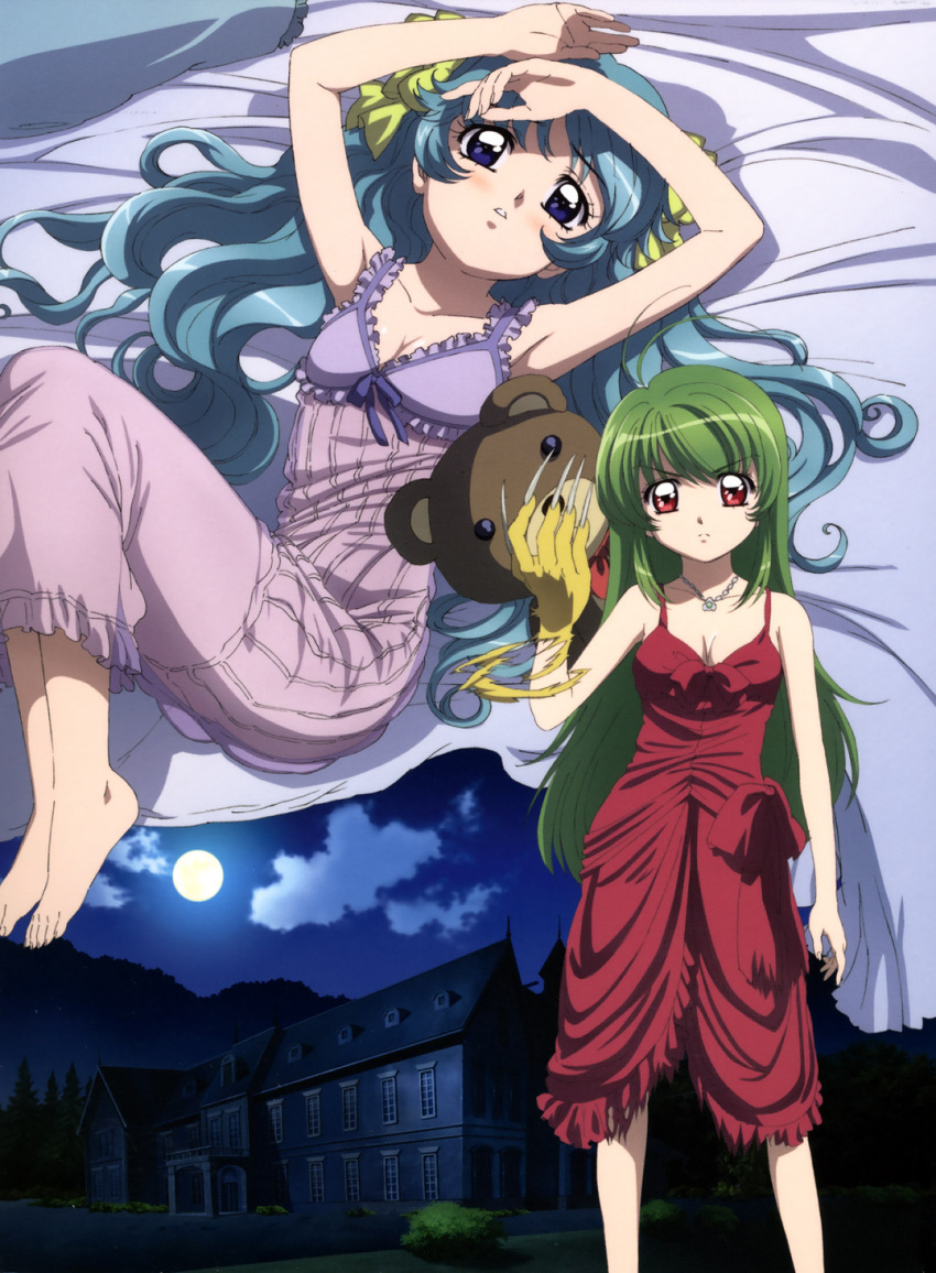 2girls angry antenna_hair armpits arms_up artist_request barefoot bed blue_eyes blue_hair blush bow breasts building claws cleavage cloud dress flat_chest from_above frown green_hair highres inukami! jewelry lingerie long_hair lying medium_breasts moon multiple_girls necklace night night_sky nightgown official_art on_back outdoors pendant red_eyes scan shindou_kei_(inukami) sky standing stuffed_animal stuffed_toy teddy_bear torn_clothes underwear very_long_hair wavy_hair youko_(inukami)