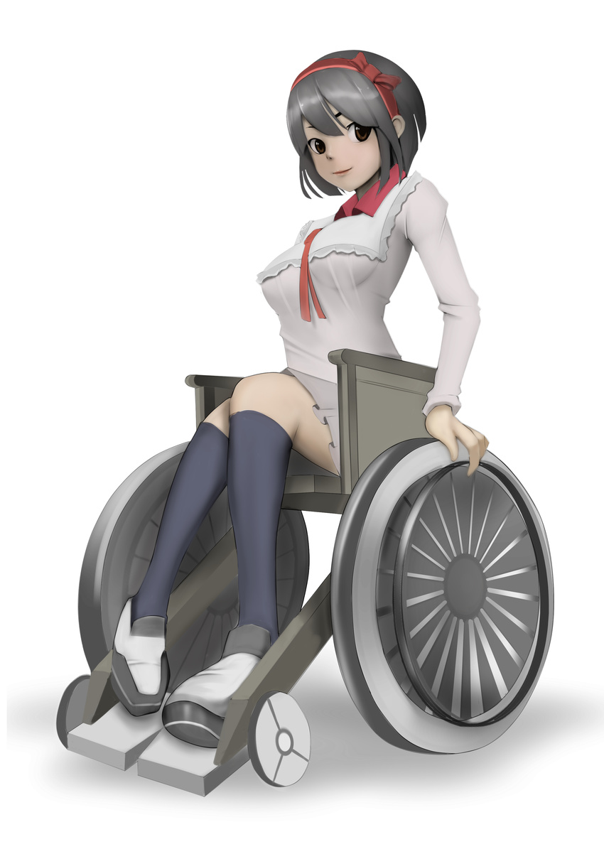 absurdres black_hair black_socks brown_eyes commentary_request female gimp_(medium) highres kiseki_ryo_(artist) original school_uniform shirt shoes short_hair sitting sneakers socks solo wheelchair