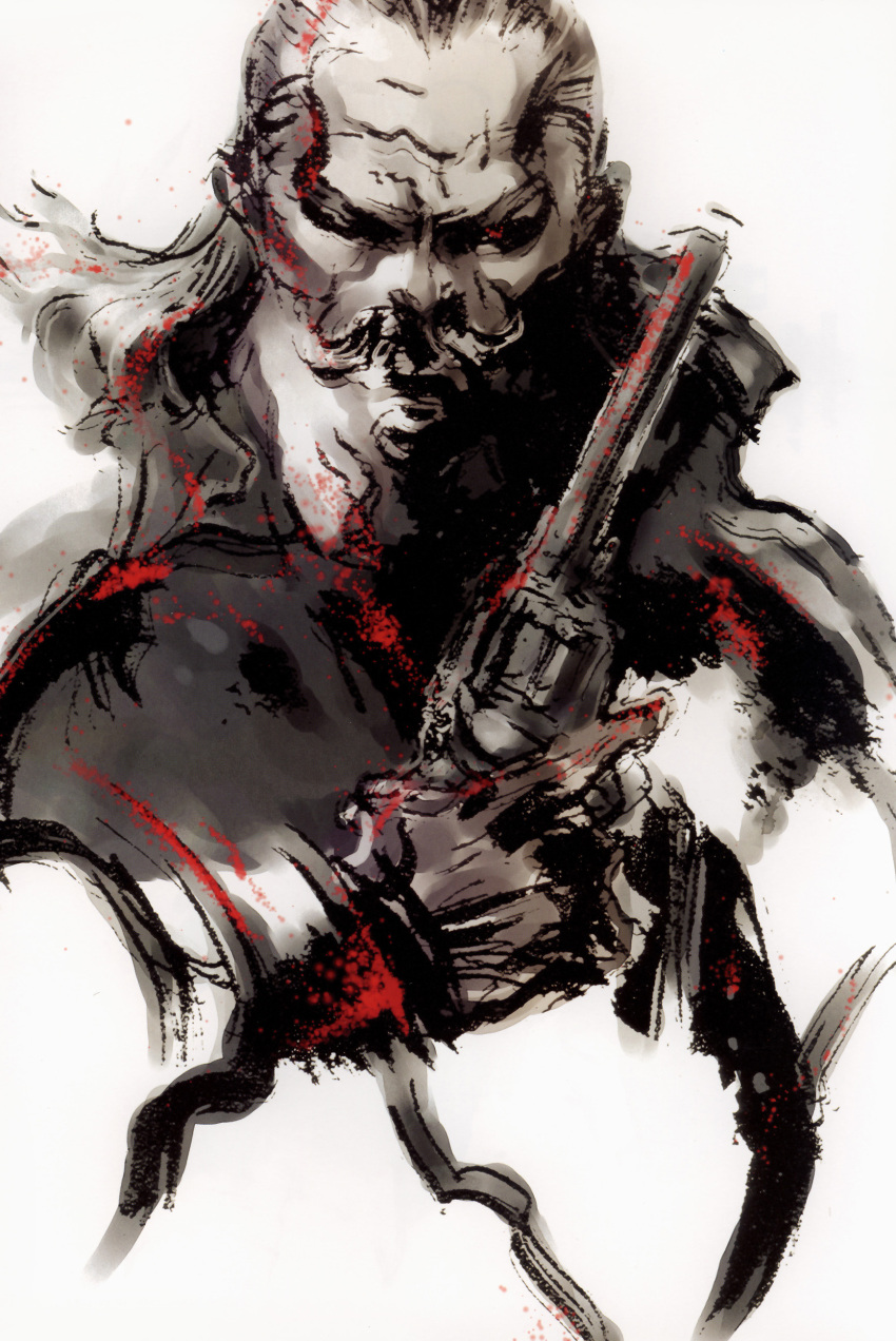 1boy absurdres colt_single_action_army facial_hair gloves gun handgun highres long_hair male_focus metal_gear_(series) metal_gear_solid moustache official_art photoshop_(medium) revolver revolver_ocelot shinkawa_youji weapon white_hair