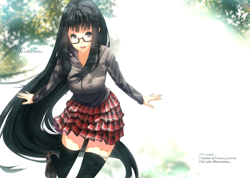 black_eyes black_hair black_thighhighs coach_(artist) commentary_request english_text engrish_text female glasses long_hair open_mouth original photoshop_(medium) plaid plaid_skirt ranguage skirt solo thighhighs very_long_hair zettai_ryouiki