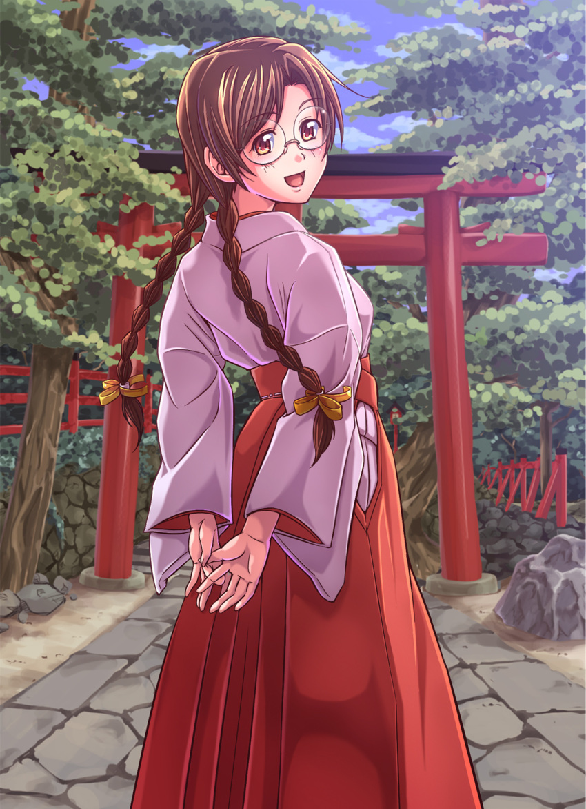 braid brown_eyes brown_hair clala e20 female glasses hair_ribbon highres japanese_clothes looking_back miko outdoors quiz_magic_academy ribbon solo torii twin_braids