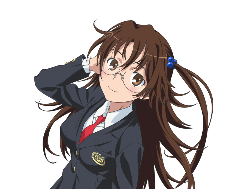 blazer breasts brown_eyes brown_hair commentary_request emblem female from_above glasses hair_bobbles hair_ornament jacket kazakiri_hyouka kirigaoka_girls'_academy_school_uniform large_breasts long_hair looking_at_viewer looking_up necktie one_side_up school_emblem school_uniform simple_background smile smile_(rz) solo toaru_majutsu_no_index winter_uniform