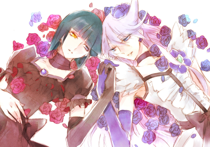 2girls back_bow black_choker blue_eyes bob_cut bow brooch chiyo_(rotsurechiriha) choker commentary_request cure_moonlight dark_precure elbow_gloves flower gloves green_hair heart heart_brooch heartcatch_precure! heterochromia holding_hands interlocked_fingers jewelry light_purple_hair long_hair lying magical_girl multicolored_flower multicolored_rose multiple_girls on_back pink_flower pink_rose precure purple_flower purple_rose rose short_hair single_elbow_glove single_glove tsukikage_yuri waist_bow yellow_eyes