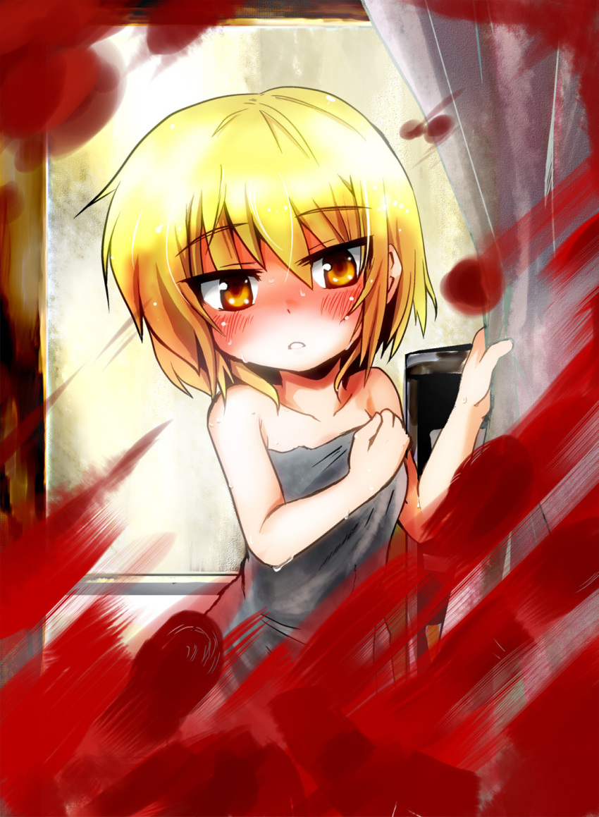 bad_id bad_pixiv_id bare_shoulders blonde_hair blood blood_splatter blush female fingerprint highres kotojima_motoki lunasa_prismriver short_hair shower_curtain solo touhou towel water wet yellow_eyes