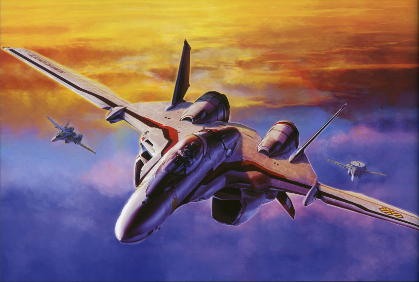 1boy absurdres aircraft airplane cloud dusk fighter_jet flying highres jet luca_angeloni macross macross_frontier mikhail_buran military military_vehicle non-web_source official_art s.m.s. saotome_alto science_fiction tenjin_hidetaka variable_fighter vehicle_focus vf-25