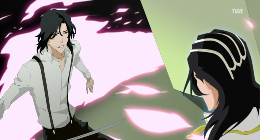 2boys black_hair bleach cherry_blossoms kuchiki_byakuya multiple_boys photoshop senbonzakura suspenders sword tsukishima_shukuro tsukishima_shuukurou weapon zanpakuto-leader