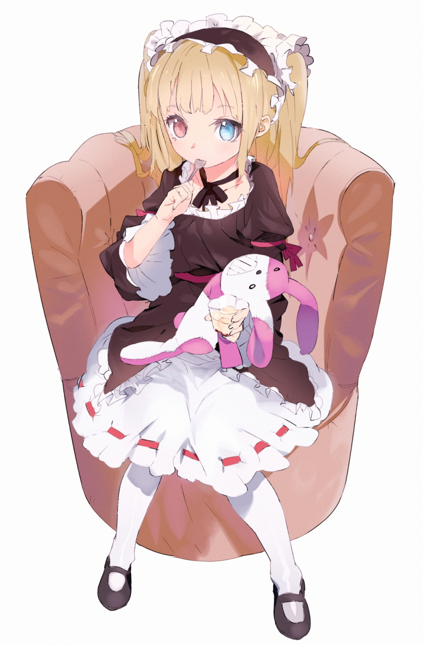 bad_id bad_nicoseiga_id blonde_hair blue_eyes boku_wa_tomodachi_ga_sukunai chair dress female food full_body gothic_lolita hairband hasegawa_kobato heterochromia highres karei lolita_fashion lolita_hairband long_hair looking_at_viewer pantyhose photoshop_(medium) pudding red_eyes simple_background sitting solo spoon stuffed_animal stuffed_rabbit stuffed_toy two_side_up white_pantyhose