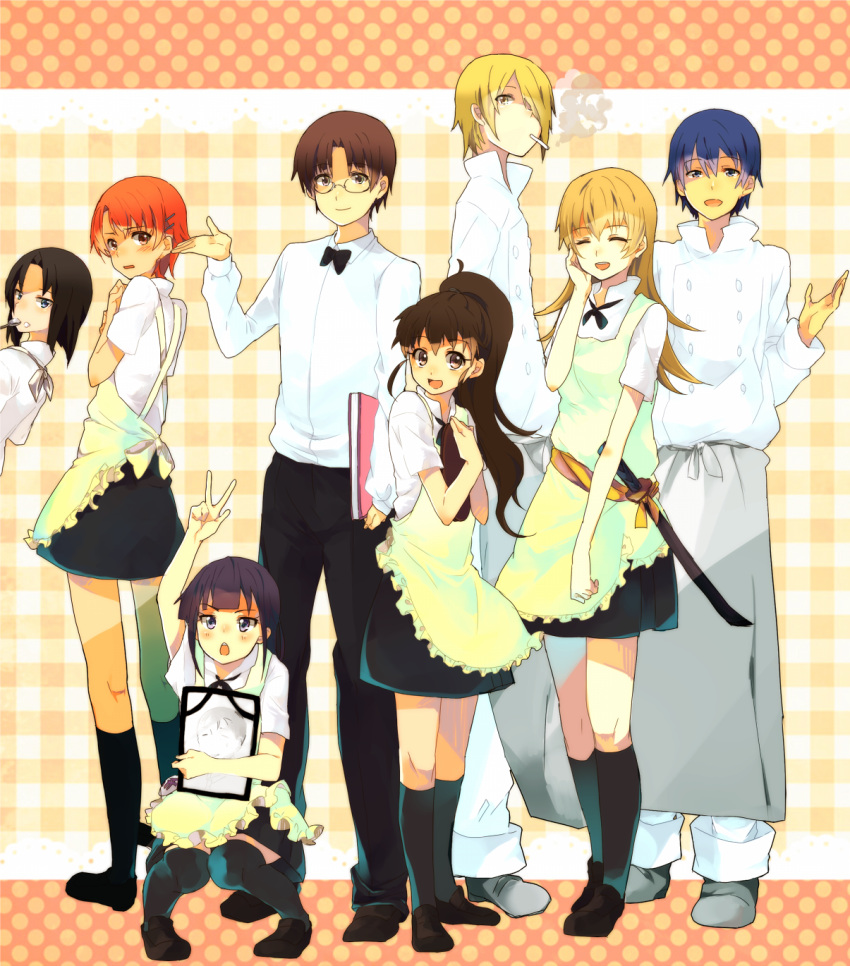 3boys 5girls apron black_hair blonde_hair blue_hair blush brown_eyes brown_hair chef cigarette closed_eyes commentary_request hair_over_one_eye highres iei inami_mahiru katana long_hair mizuse_kotone multiple_boys multiple_girls open_mouth orange_eyes orange_hair ponytail purple_eyes purple_hair satou_jun shirafuji_kyouko short_hair smile souma_hiroomi sword takanashi_souta taneshima_popura thighhighs todoroki_yachiyo waiter waitress weapon working!! yamada_aoi zettai_ryouiki