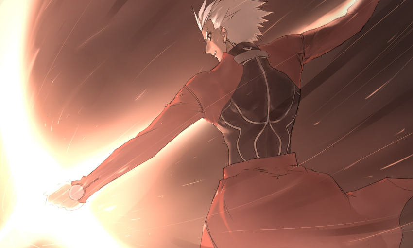 1boy archer_(fate) armor bob_(biyonbiyon) bow clenched_teeth commentary_request dark-skinned_male dark_skin fate/stay_night fate_(series) from_behind male_focus red_eyes solo teeth weapon white_hair